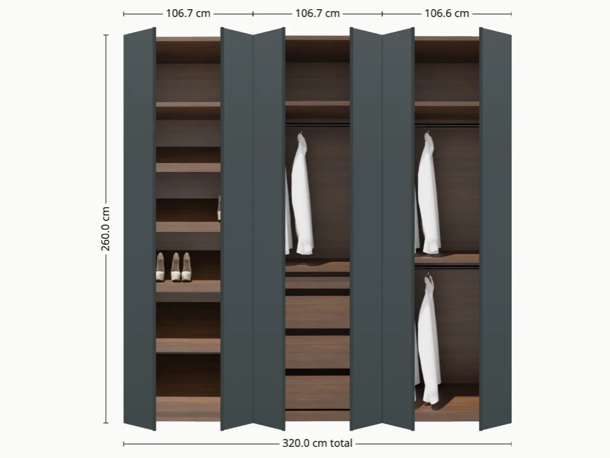 Vista del armario Boudoir: 320×260 cm con tres puertas lacadas en antracita RAL 7016 sobre estructura de wengué.