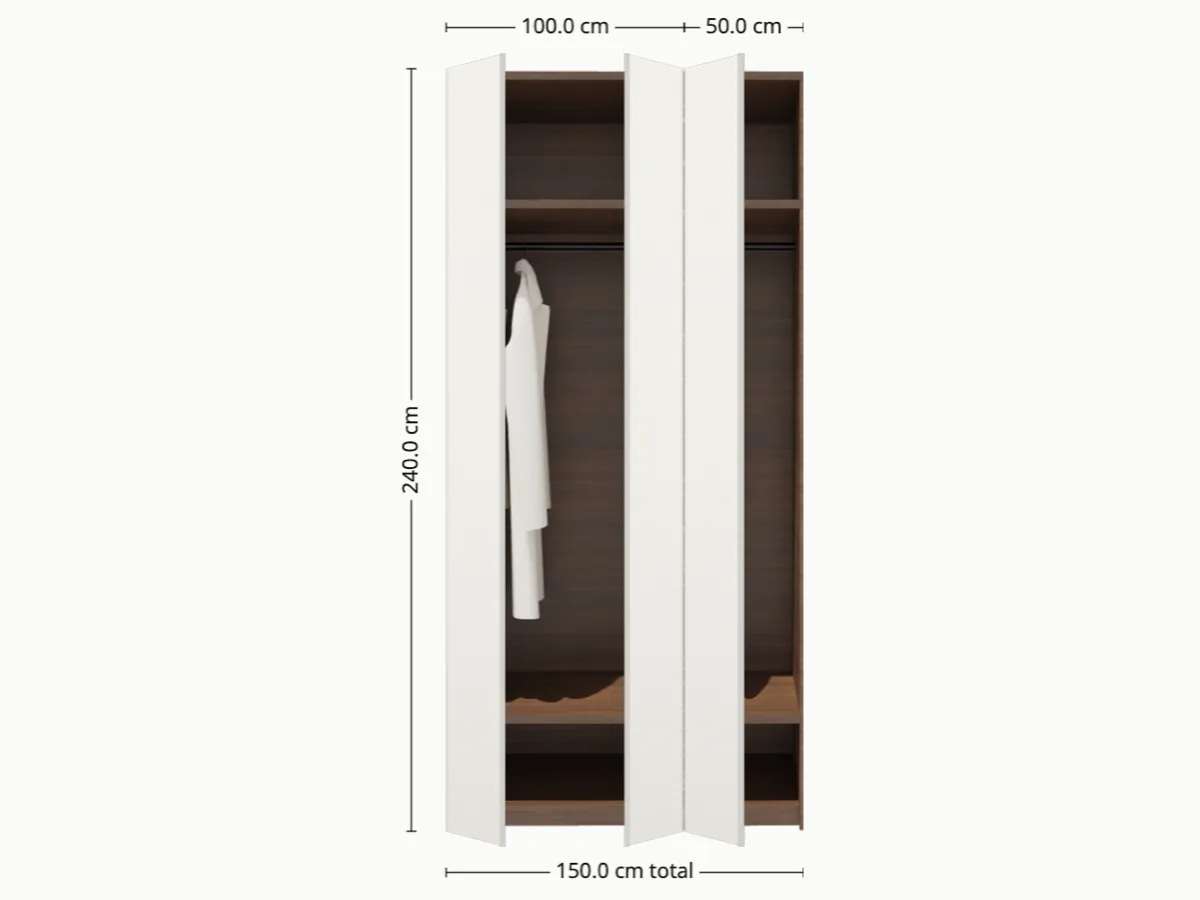 Vista del armario Esencial: 150×240 cm con dos puertas laminadas blancas sobre estructura de wengué.