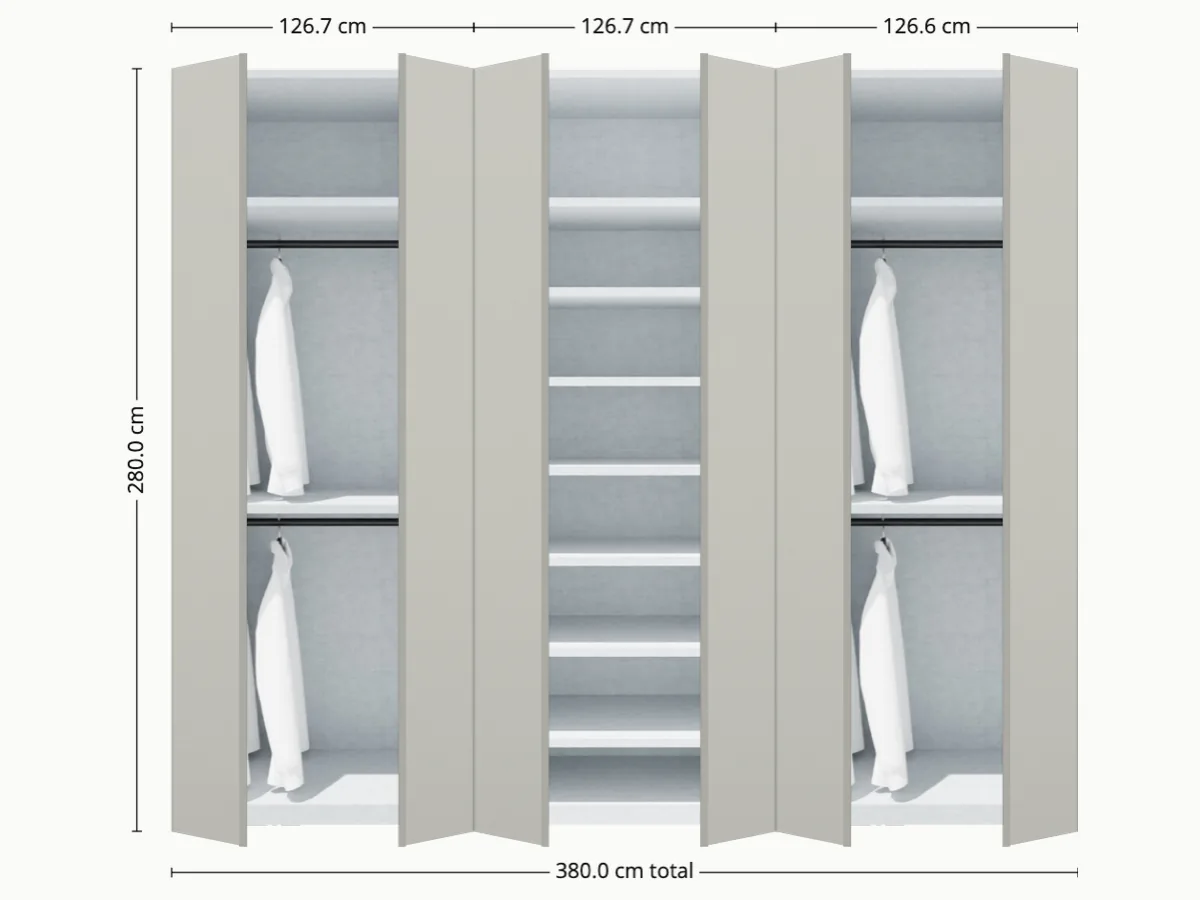 Vista del armario Galería: 380×280 cm con tres puertas laminadas en gris sobre estructura de aluminio.