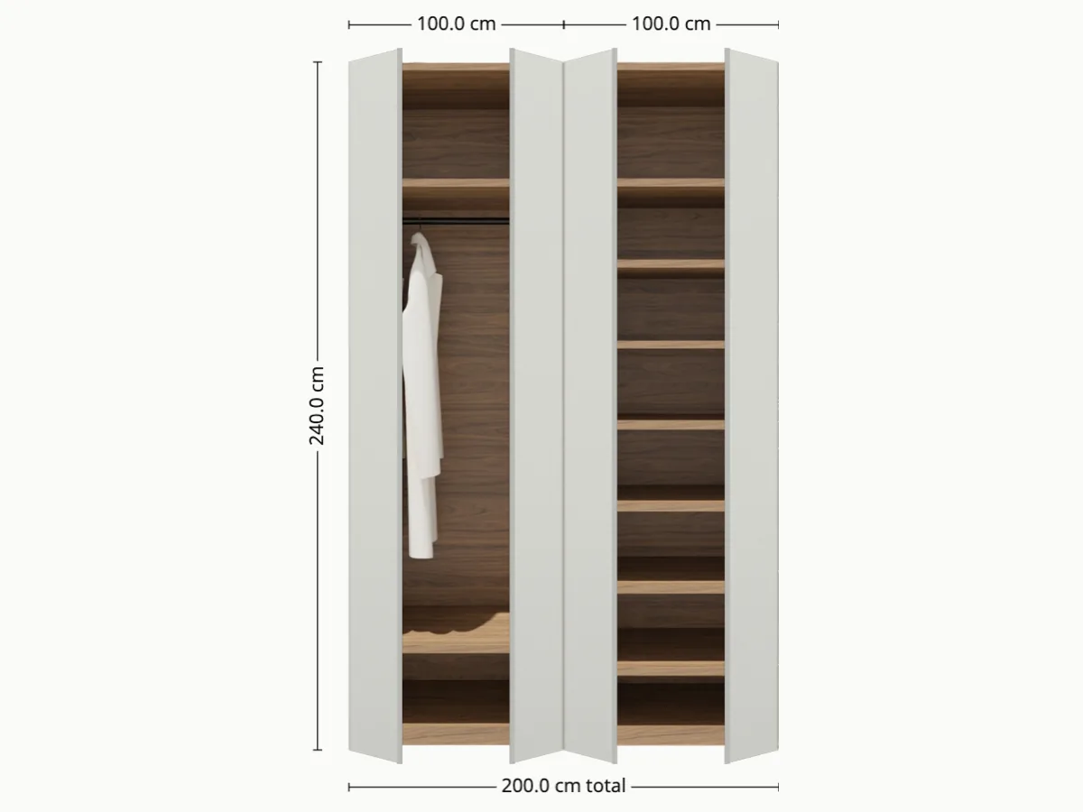Vista del armario Studio: 200×240 cm con dos puertas laminadas Calcio sobre estructura de nogal.