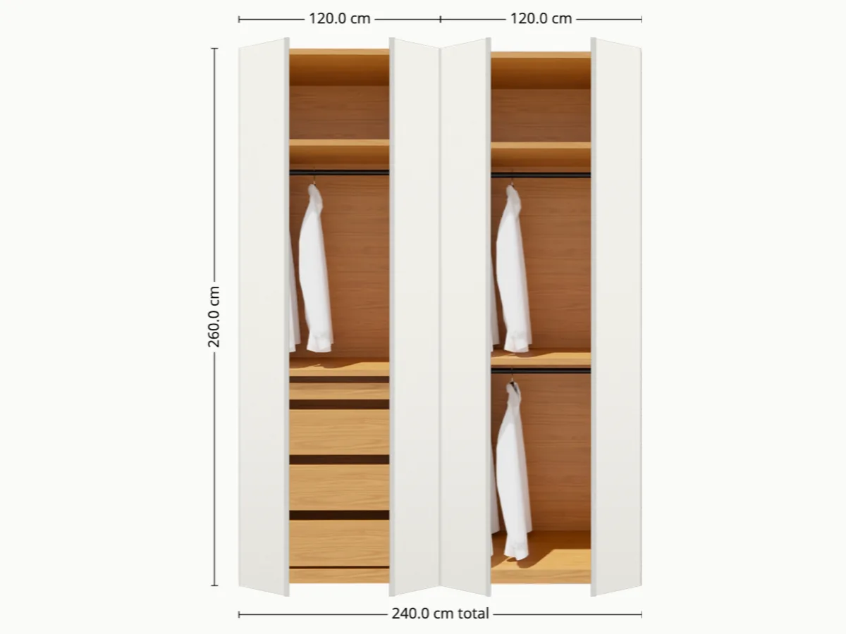 Vista del armario Suite: 240×260 cm con dos puertas lacadas RAL 9016 sobre estructura de cerezo.