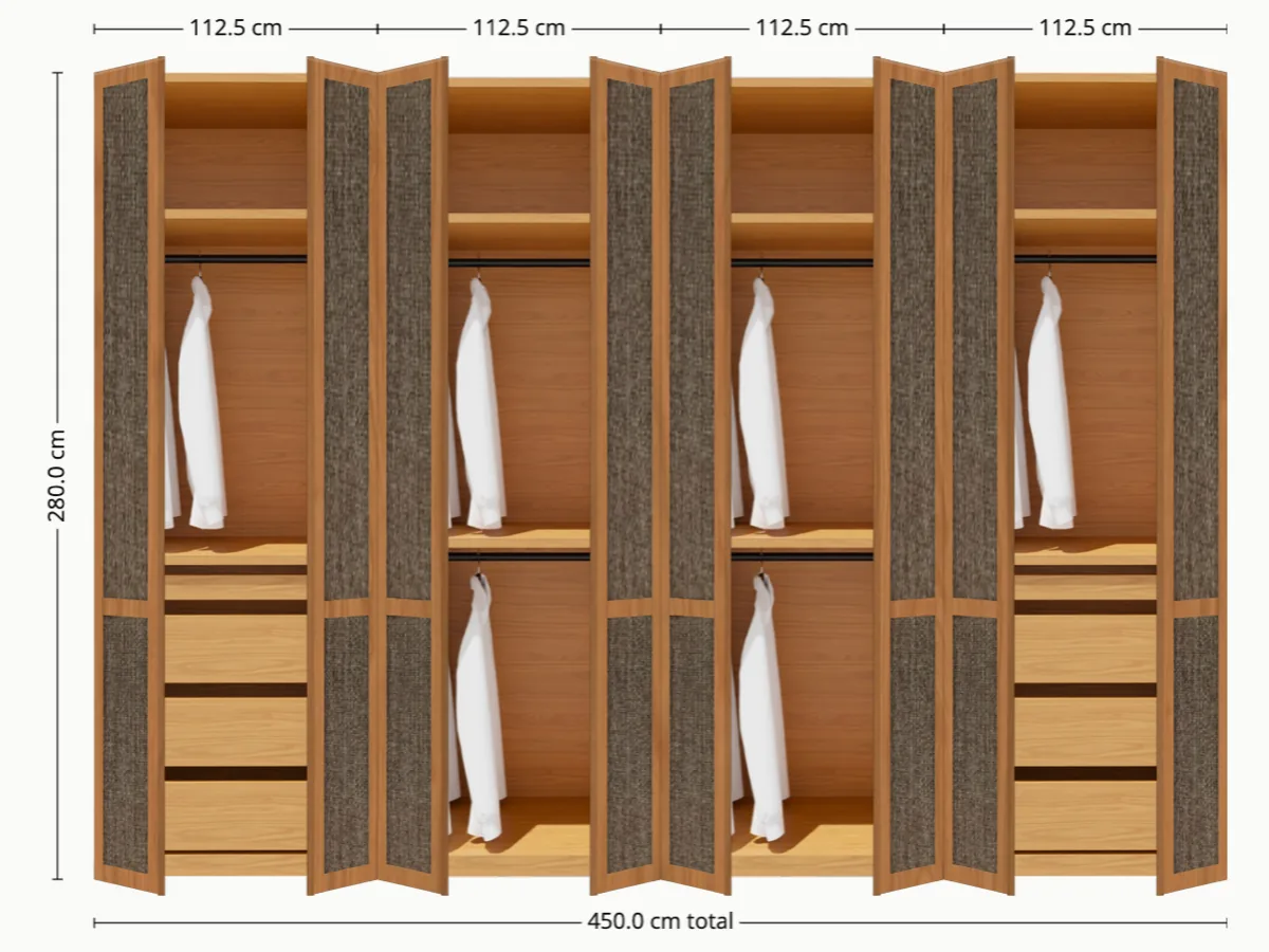 Vista del vestidor Couture: 450×280 cm con cuatro puertas textiles Tobacco y marco de cerezo.